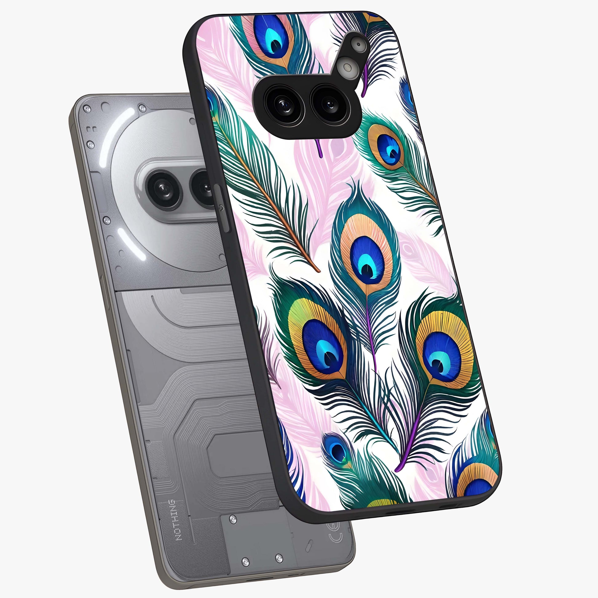 Royal Peacock Feathers Glass Case displayed in angled mockup highlighting vibrant feather pattern with regal aesthetic style.