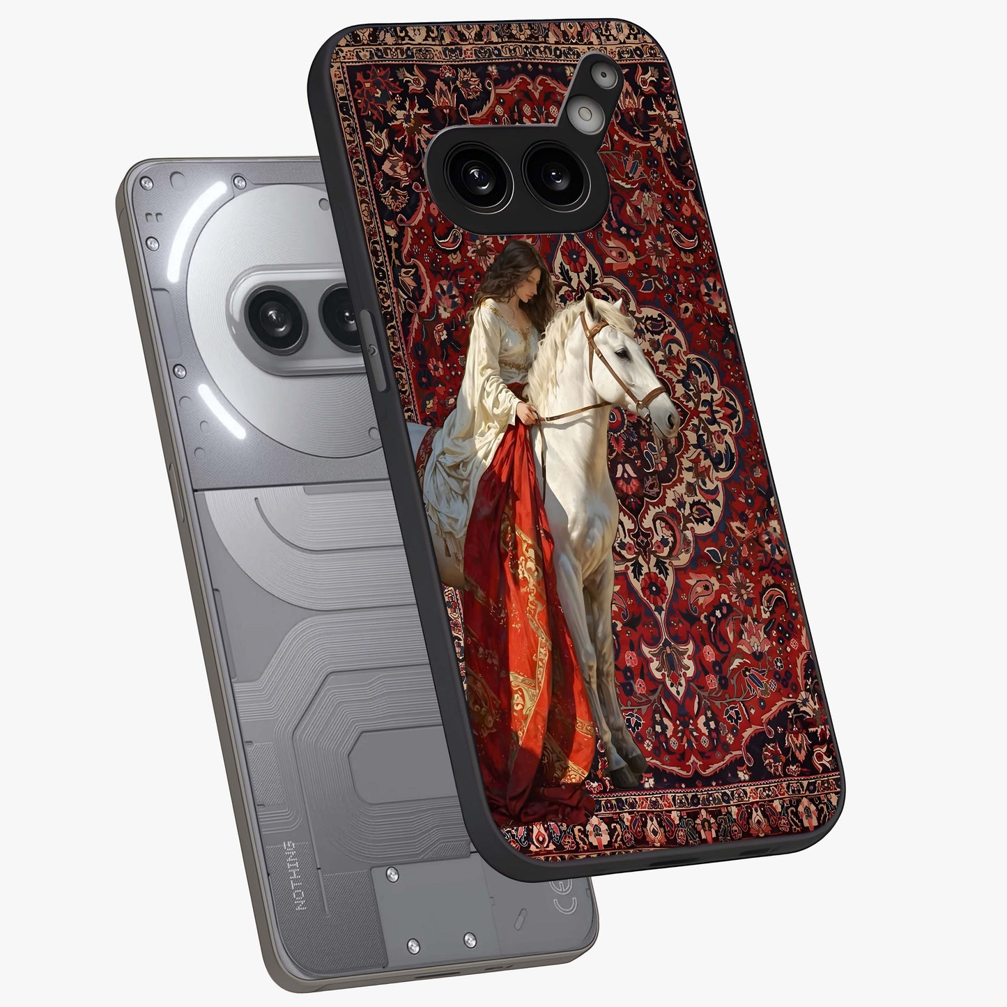 Royal Rider Tapestry Glass Case displayed in angled mockup highlighting traditional tapestry design with royal heritage aesthetic.