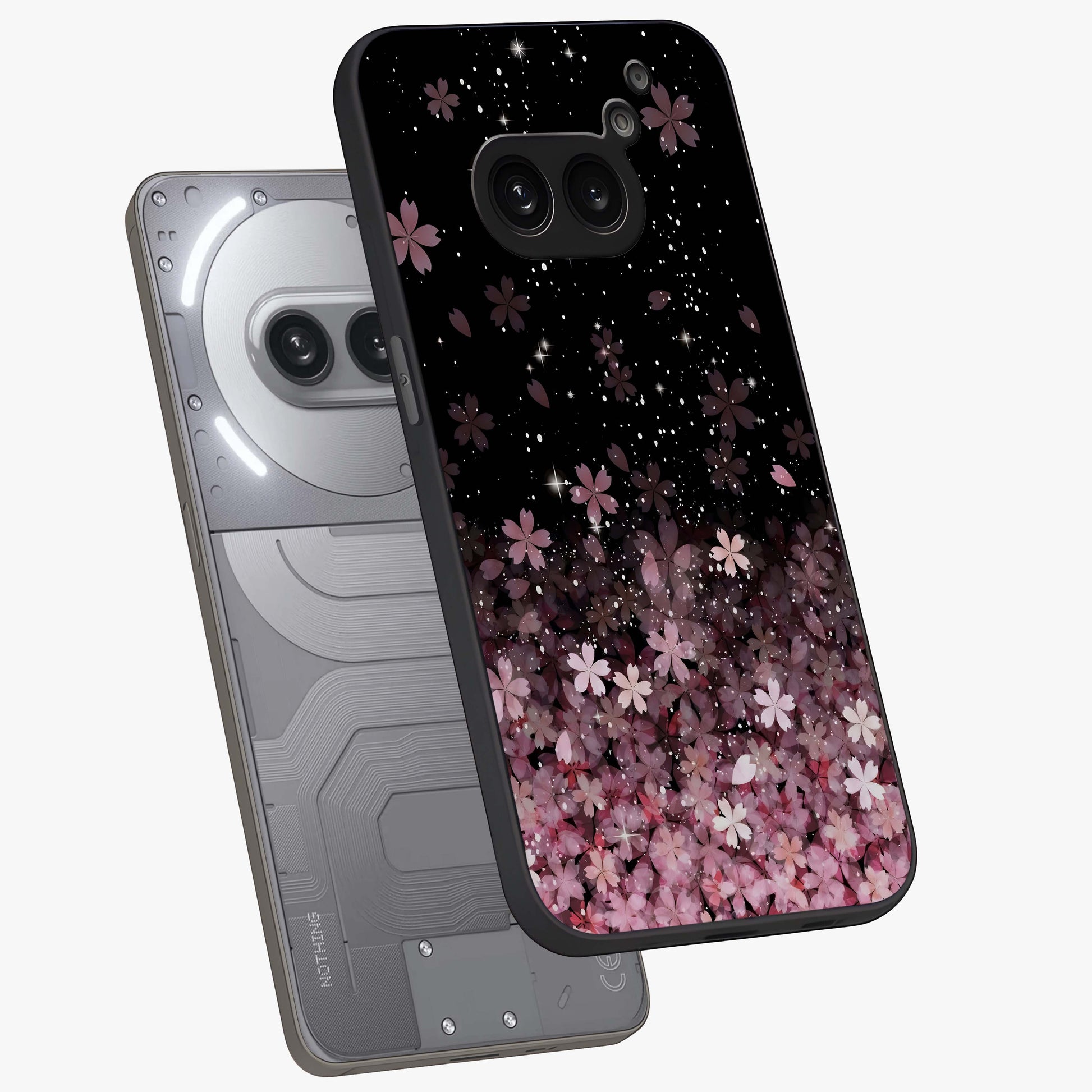 Small Starry Flowers Glass Case displayed in angled mockup highlighting tiny flower pattern with celestial aesthetic style.