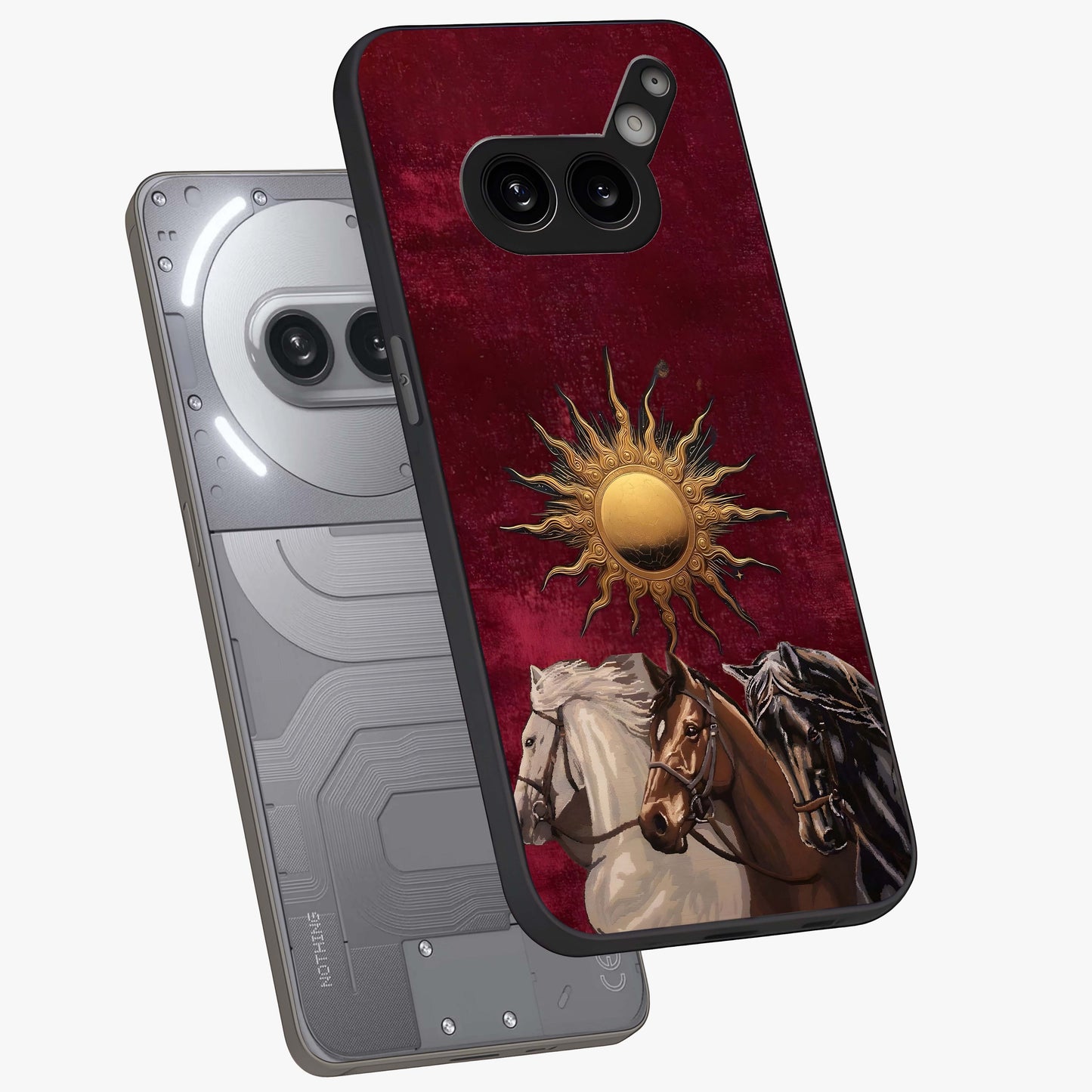 Solar Riders Glass Case displayed in angled mockup highlighting powerful rider illustration with radiant solar aesthetic.