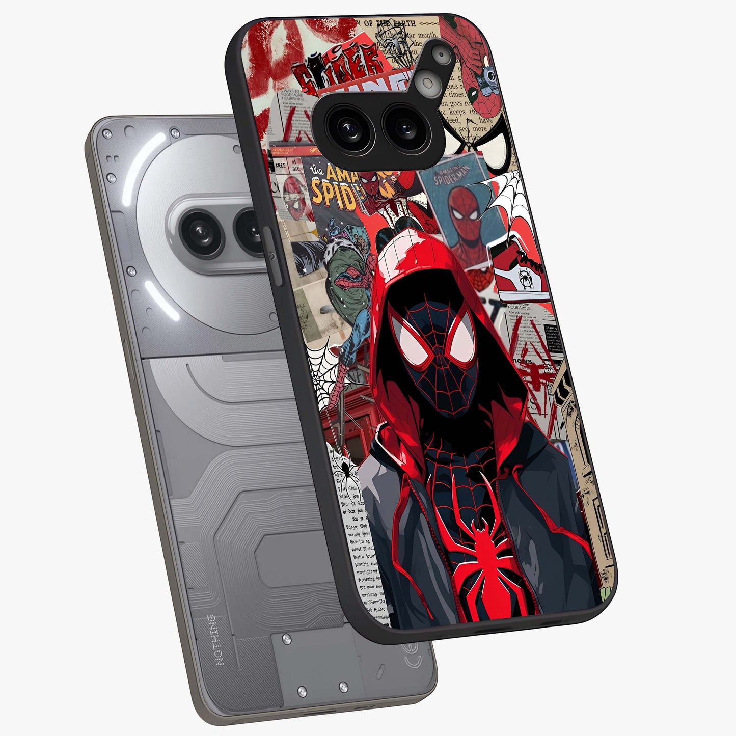 Spider Collage Street Glass Case displayed in angled mockup highlighting dynamic street style collage design with comic aesthetic.