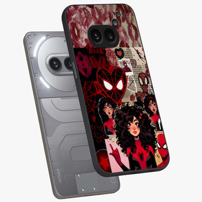 Spider Love Story Glass Case displayed in angled mockup highlighting expressive comic inspired design with playful aesthetic.