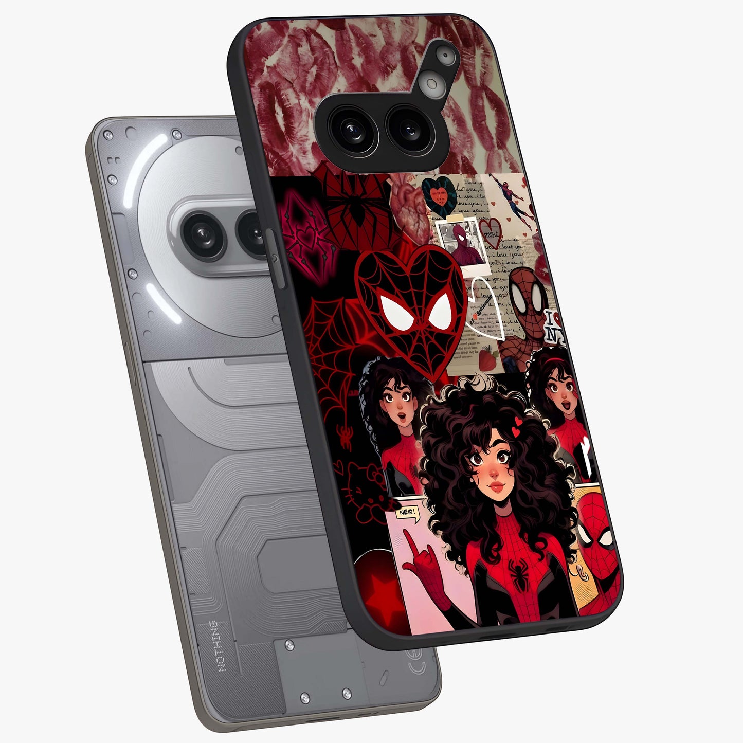 Spider Love Story Glass Case displayed in angled mockup highlighting expressive comic inspired design with playful aesthetic.