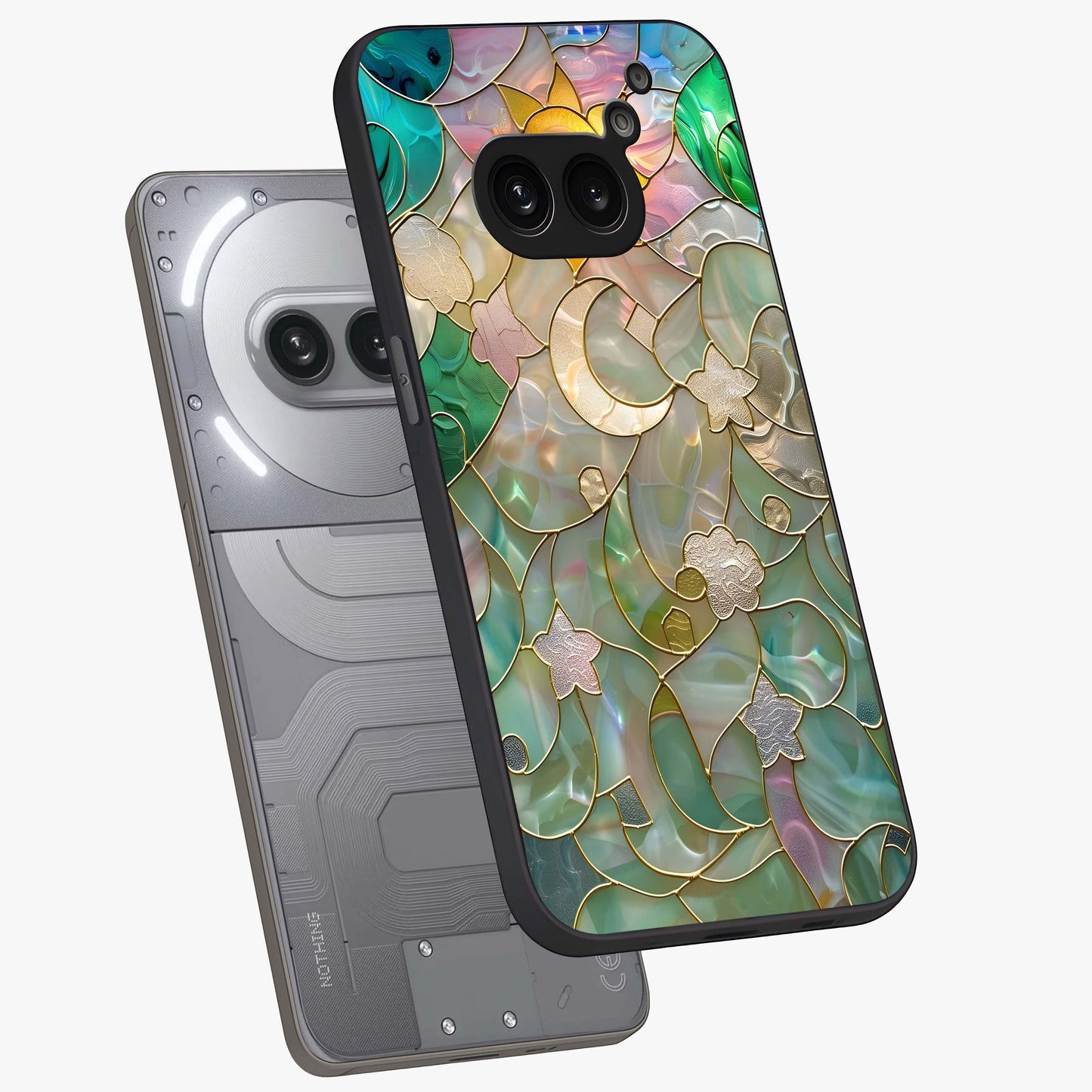 Stained Sunrise Glow Glass Case displayed in angled mockup highlighting radiant sunrise design with artistic aesthetic style.