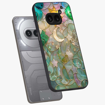 Stained Sunrise Glow Glass Case displayed in angled mockup highlighting radiant sunrise design with artistic aesthetic style.