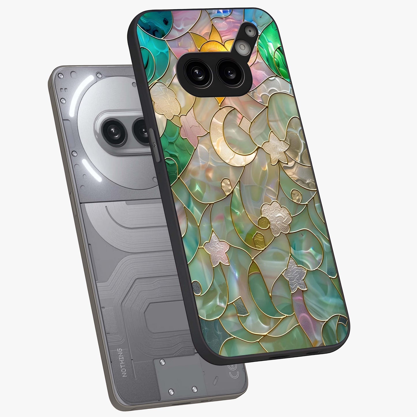 Stained Sunrise Glow Glass Case displayed in angled mockup highlighting radiant sunrise design with artistic aesthetic style.