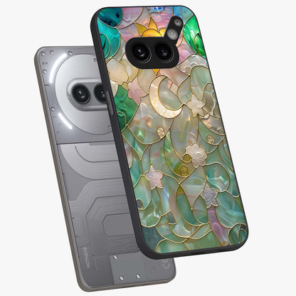 Stained Sunrise Glow Glass Case displayed in angled mockup highlighting radiant sunrise design with artistic aesthetic style.