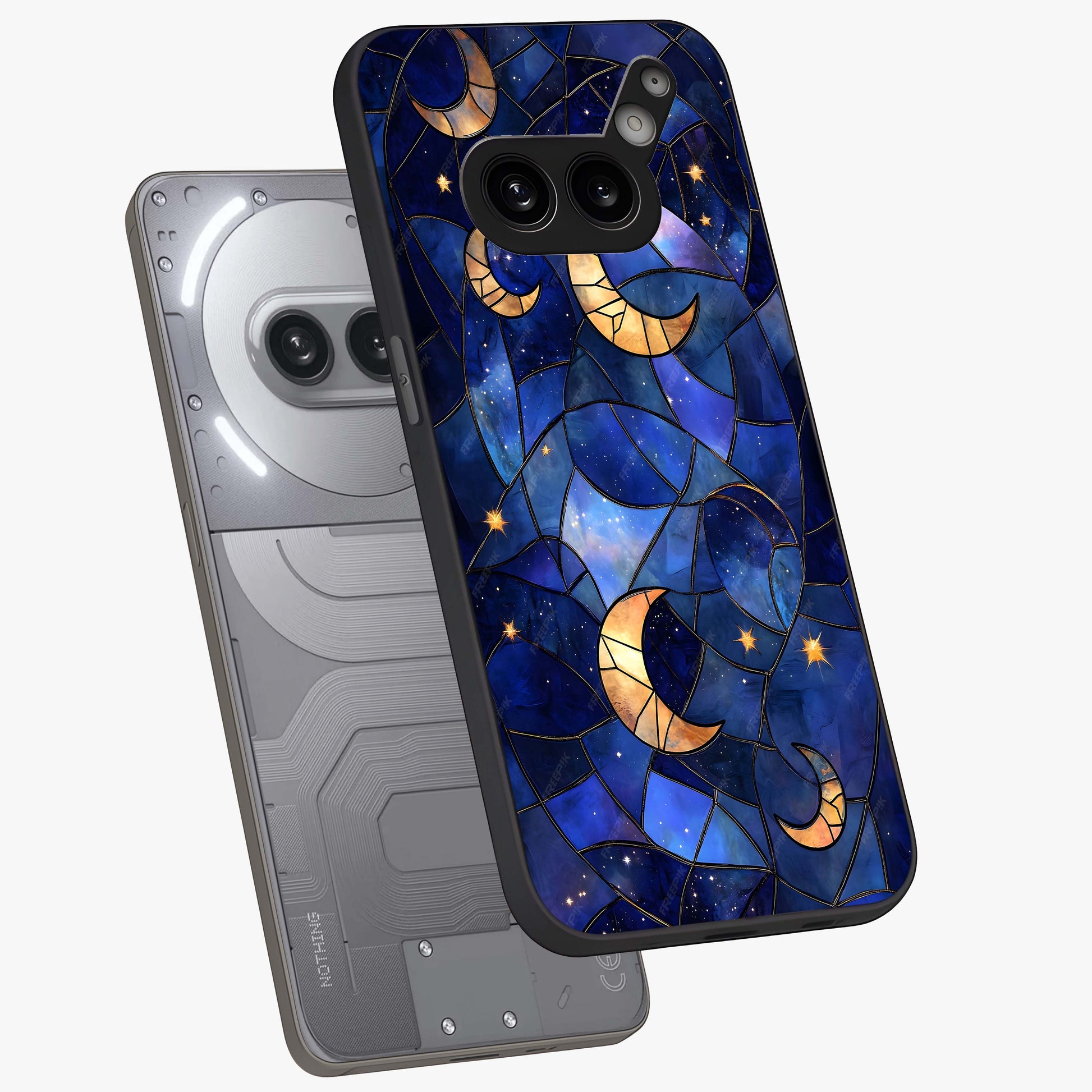 Starlit Sky Tapestry Glass Case displayed in angled mockup highlighting celestial night pattern with artistic aesthetic style.