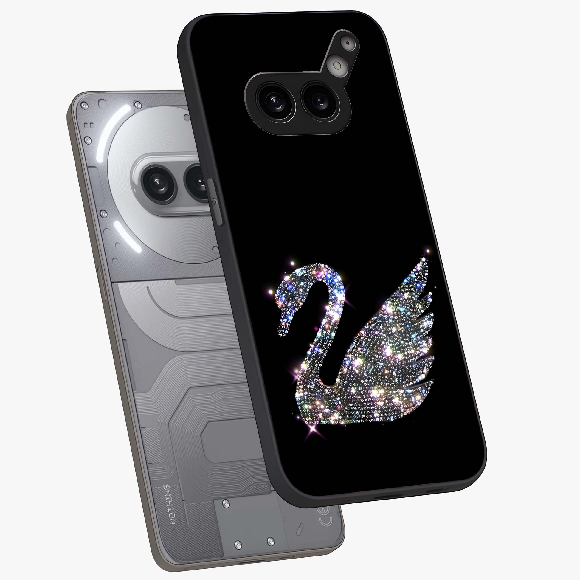 Starlit Swan Grace Glass Case displayed in angled mockup highlighting elegant swan illustration with dreamy celestial aesthetic.