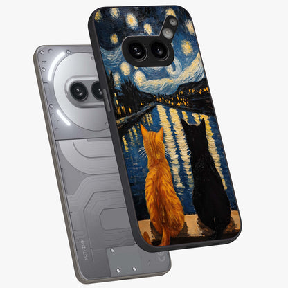 Starry River Cats Glass Case displayed in angled mockup highlighting charming feline illustration with dreamy night aesthetic.