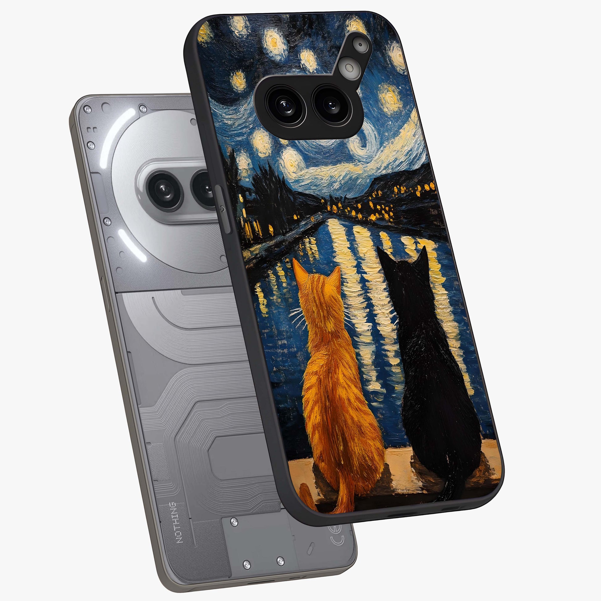 Starry River Cats Glass Case displayed in angled mockup highlighting charming feline illustration with dreamy night aesthetic.