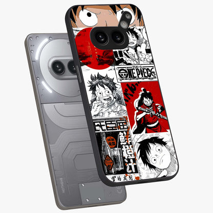 Strawhat Chaos Panels Glass Case displayed in angled mockup highlighting vibrant anime collage design with action aesthetic.