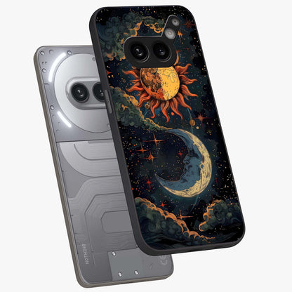 Sun And Moon Magic Design Glass Case displayed in angled mockup highlighting celestial design with magical cosmic aesthetic.