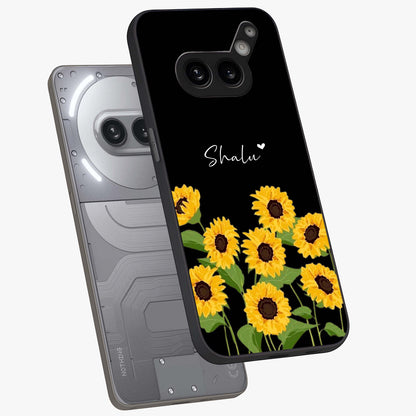 Sunflower Chic Mood Custom Name Glass Case displayed in angled mockup highlighting vibrant sunflower design with custom name feature.
