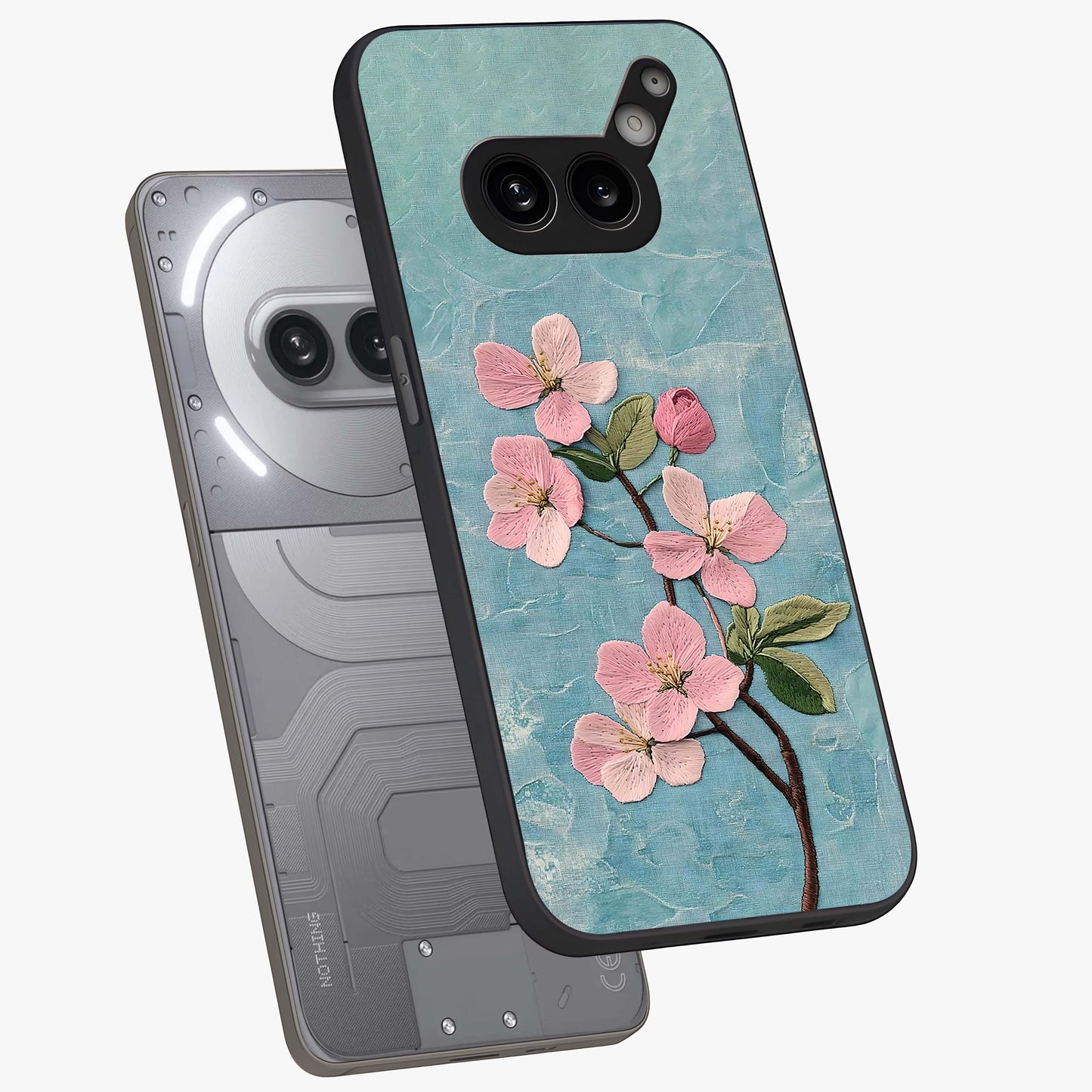 Threaded Blossom Breeze Glass Case displayed in angled mockup highlighting elegant floral design with soft aesthetic style.