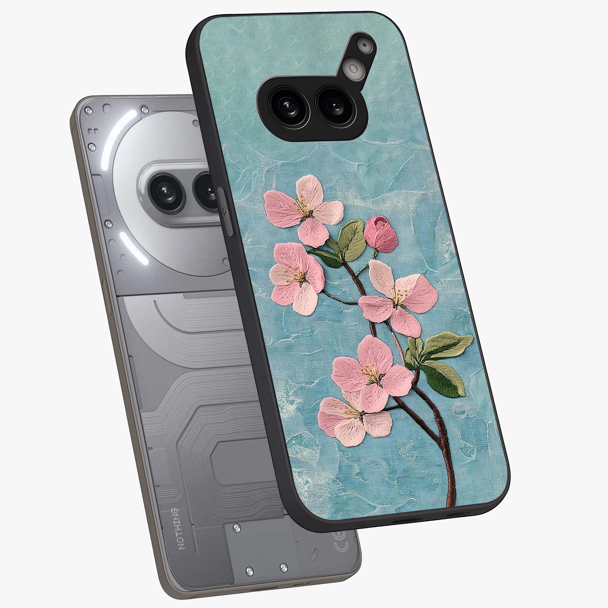 Threaded Blossom Breeze Glass Case displayed in angled mockup highlighting elegant floral design with soft aesthetic style.