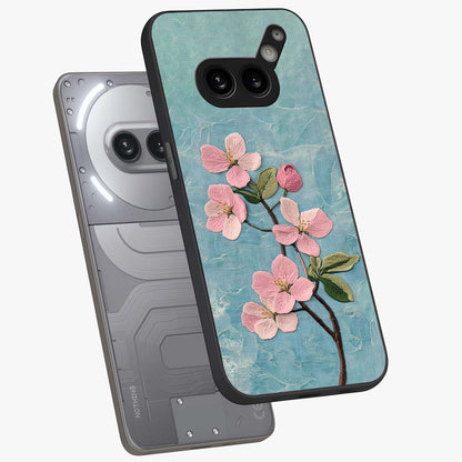 Threaded Blossom Breeze Glass Case displayed in angled mockup highlighting elegant floral design with soft aesthetic style.