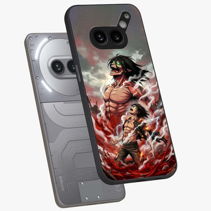Titan Awakening Fury Glass Case displayed in angled mockup highlighting dramatic giant warrior design with bold anime aesthetic.