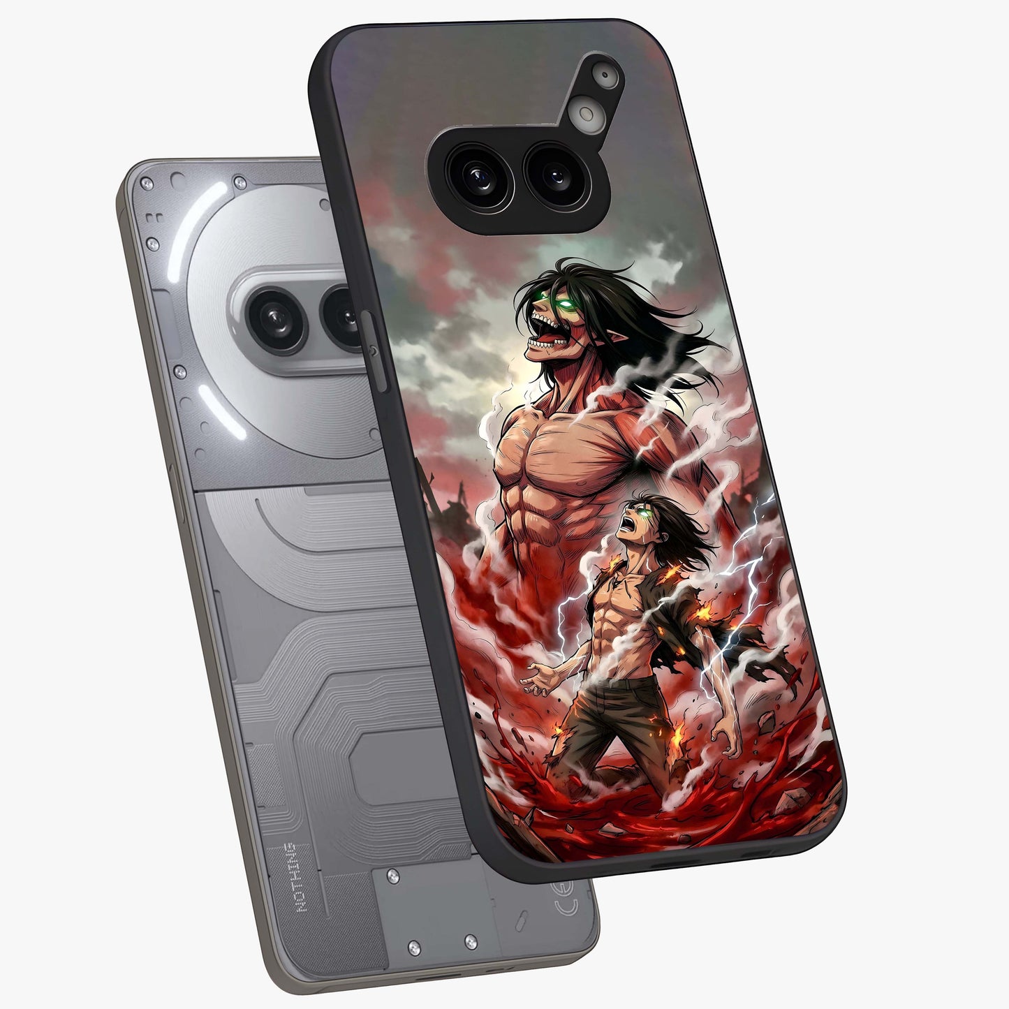 Titan Awakening Fury Glass Case displayed in angled mockup highlighting dramatic giant warrior design with bold anime aesthetic.