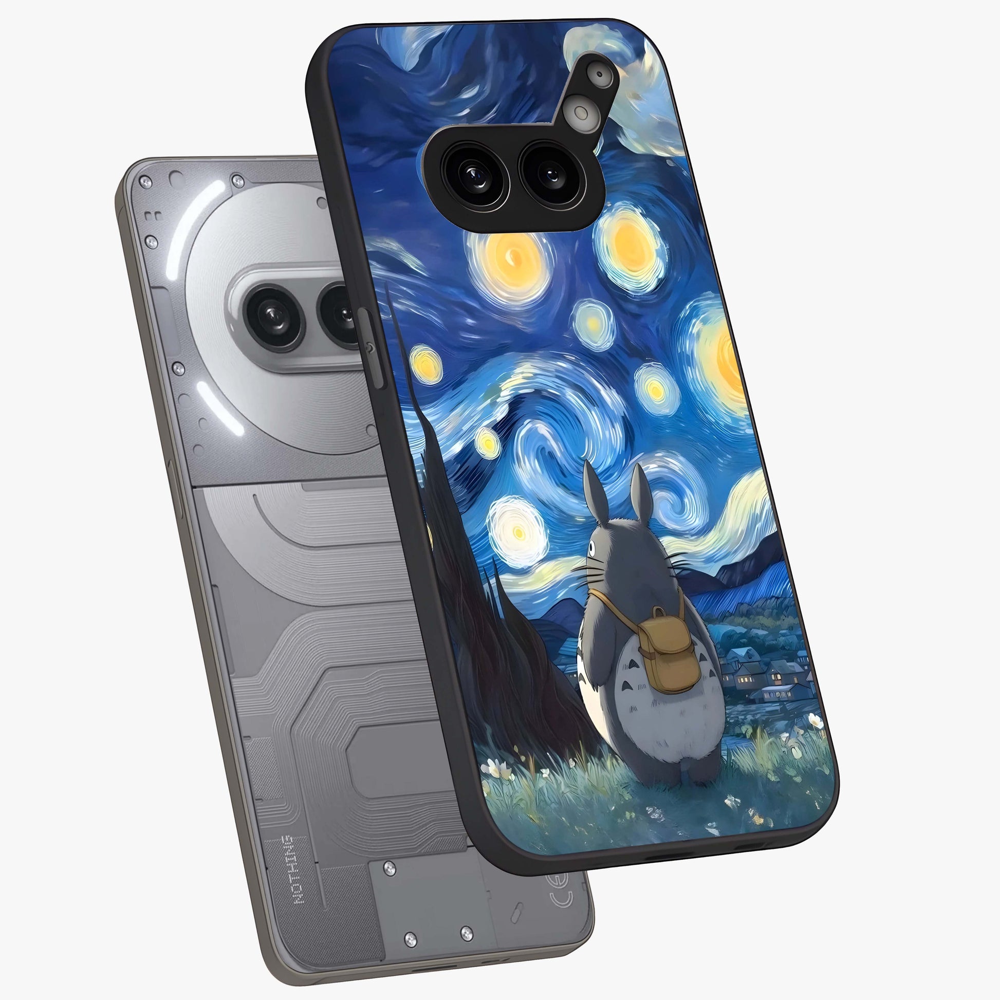 Totoro In Van Gogh Art Glass Case displayed in angled mockup highlighting artistic swirling sky design with playful animation aesthetic.