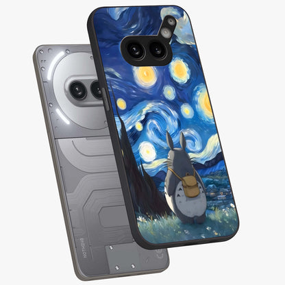 Totoro In Van Gogh Art Glass Case displayed in angled mockup highlighting artistic swirling sky design with playful animation aesthetic.