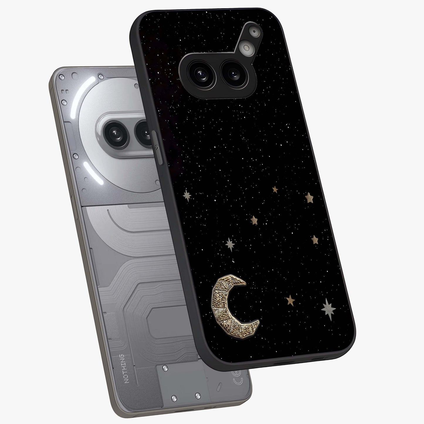 Twinkle Star With Half Moon Glass Case displayed in angled mockup highlighting celestial moon and star design with magical aesthetic.