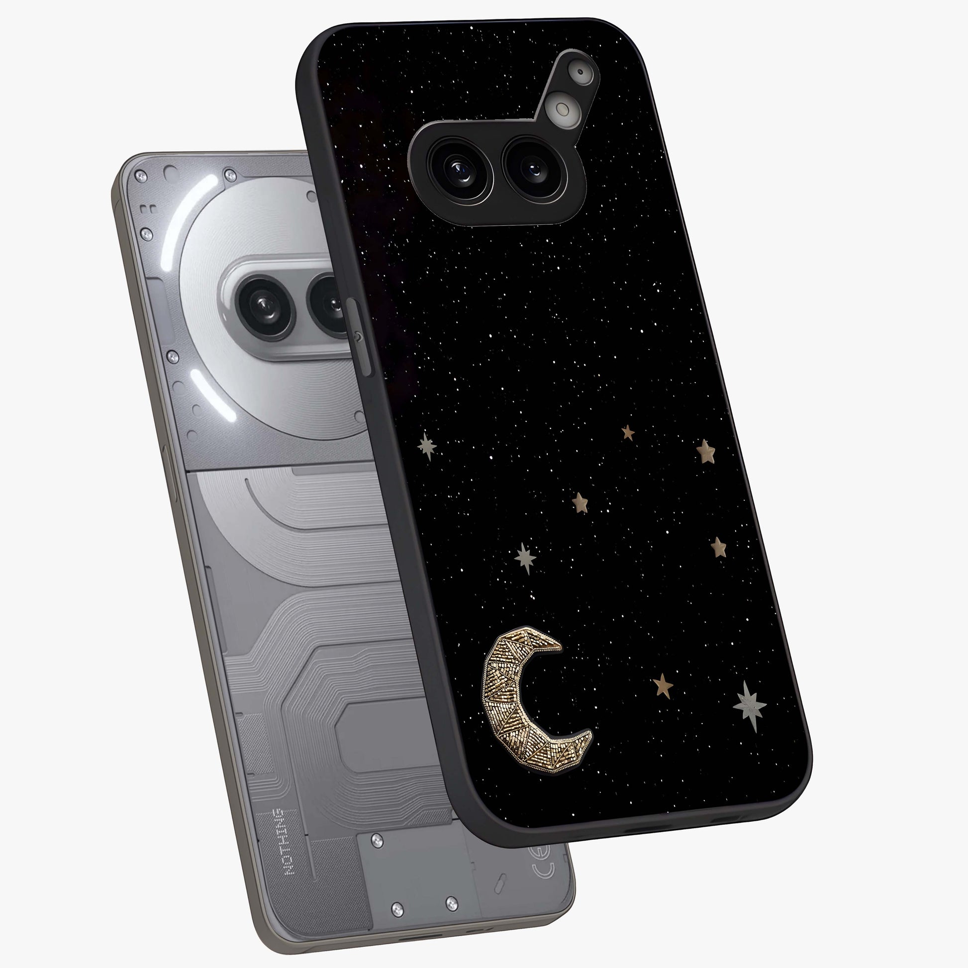 Twinkle Star With Half Moon Glass Case displayed in angled mockup highlighting celestial moon and star design with magical aesthetic.