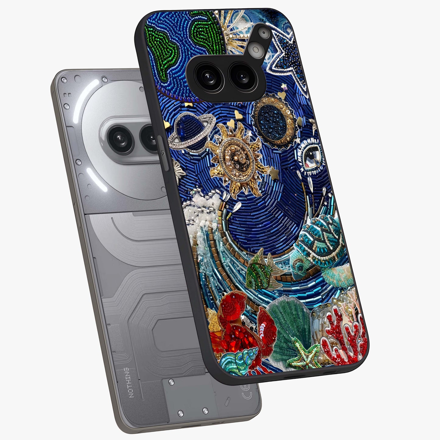 Universe Underwater Spark Glass Case displayed in angled mockup highlighting glowing aquatic design with celestial aesthetic.