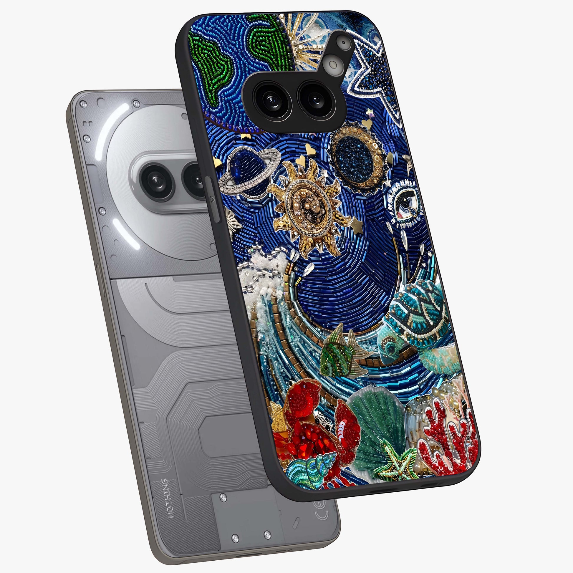 Universe Underwater Spark Glass Case displayed in angled mockup highlighting glowing aquatic design with celestial aesthetic.