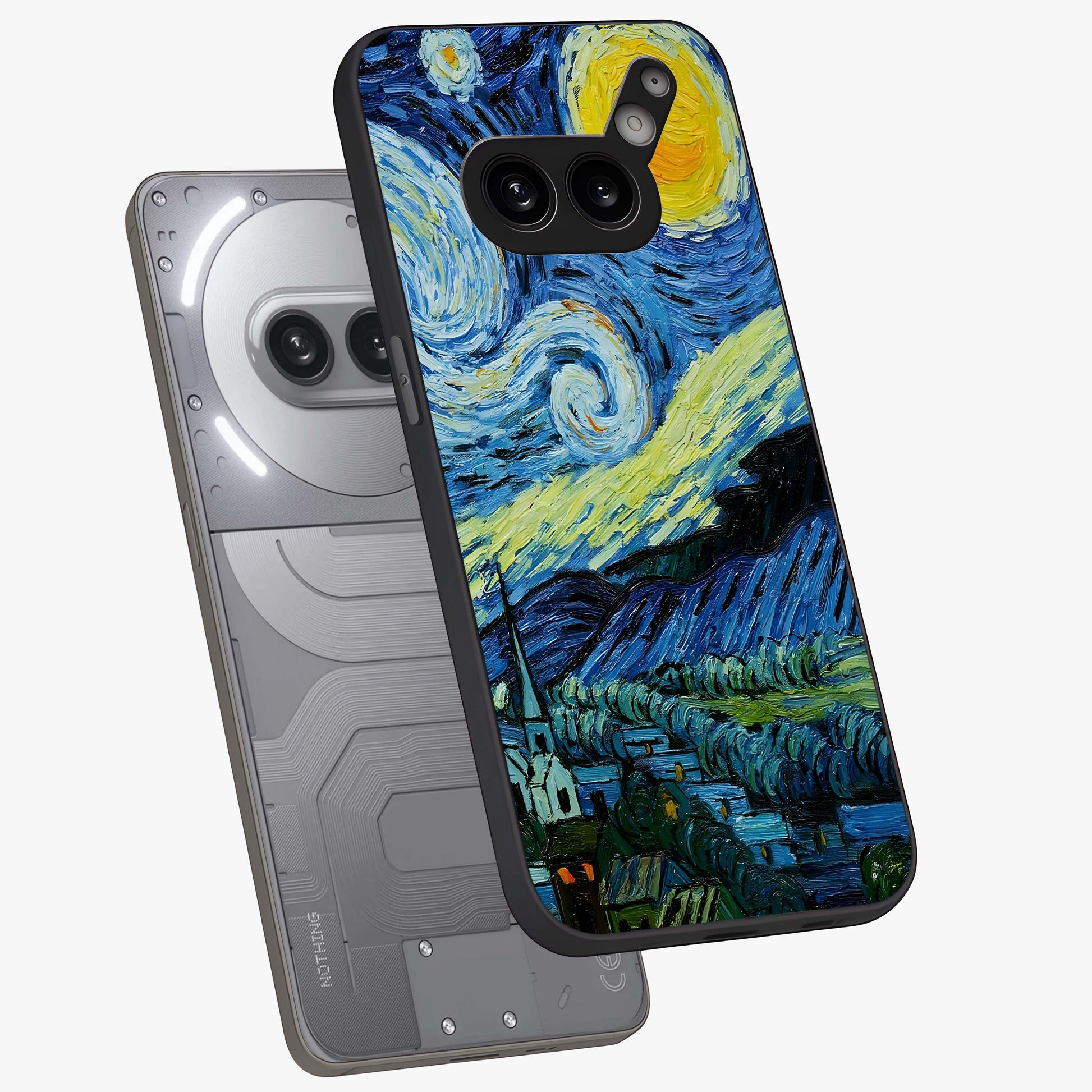 Van Gogh Art Glass Case displayed in angled mockup highlighting swirling brushstroke design with artistic aesthetic.