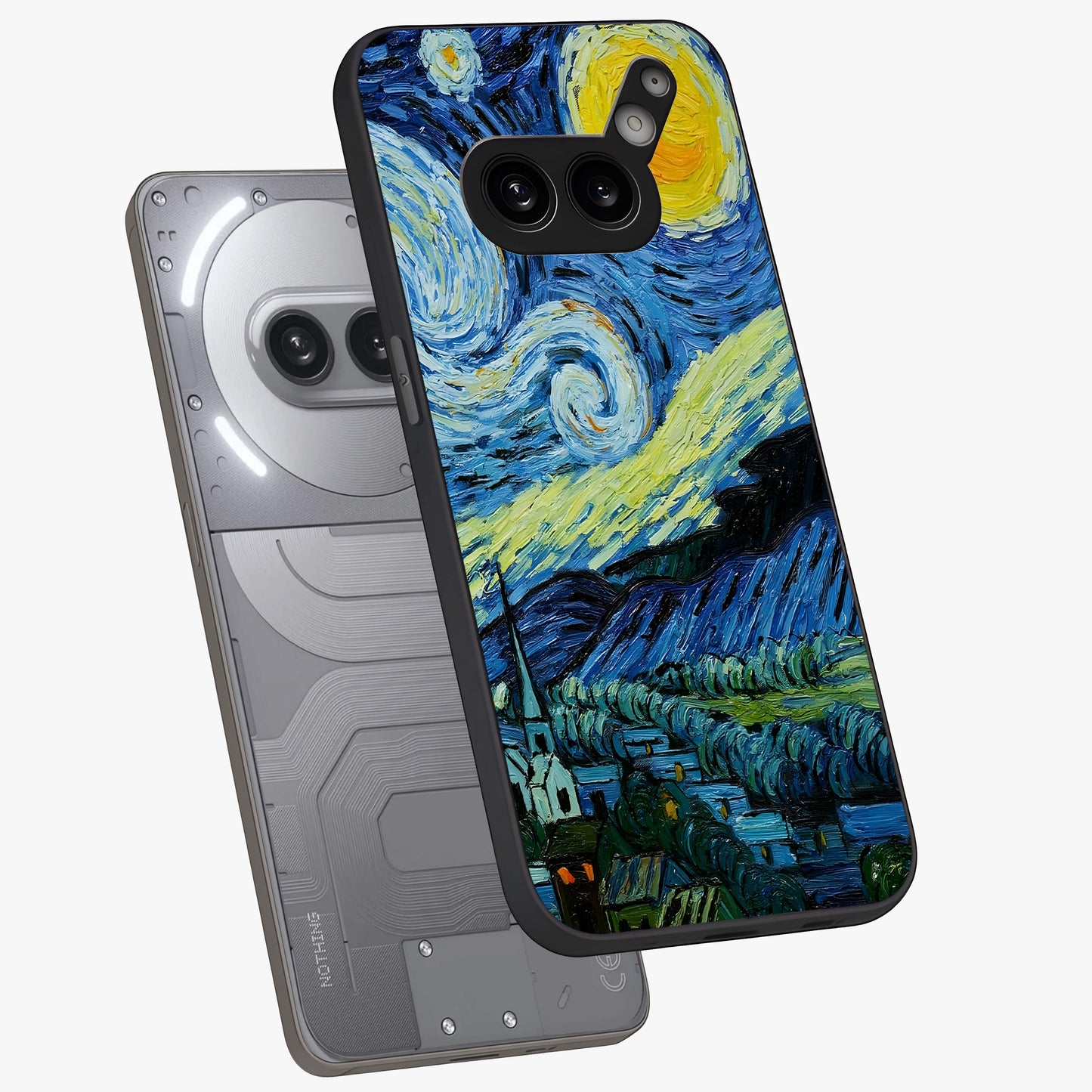 Van Gogh Art Glass Case displayed in angled mockup highlighting swirling brushstroke design with artistic aesthetic.