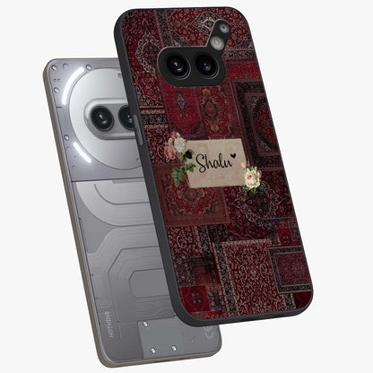 Velvet Wine Pattern Custom Name Glass Case displayed in angled mockup highlighting decorative velvet inspired design with custom name feature.