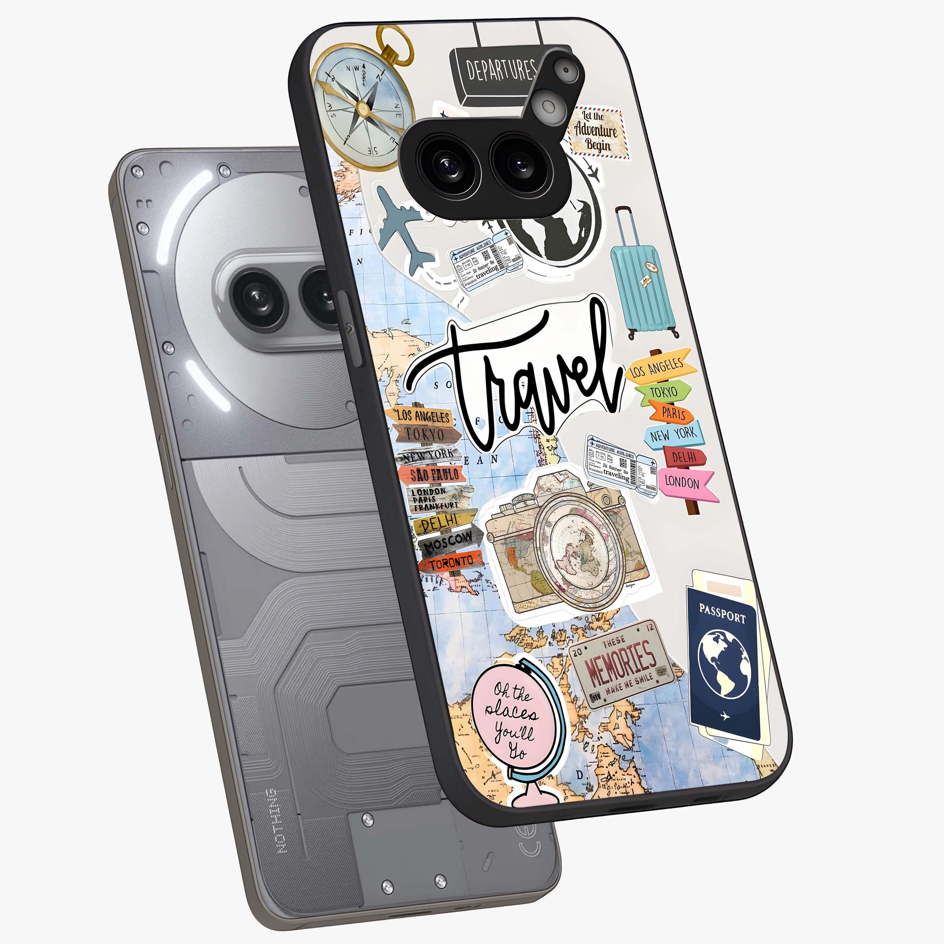 Wanderlust Journal Glass Case displayed in angled mockup highlighting adventure themed design with aesthetic travel vibe.