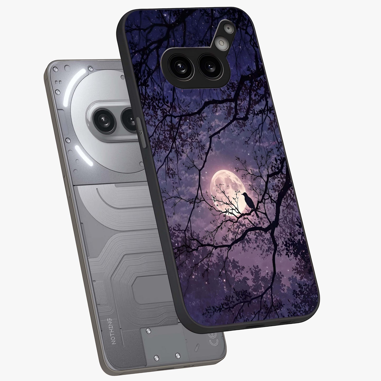 Whispering Moon Silence Glass Case displayed in angled mockup highlighting calm lunar design with dreamy night aesthetic.