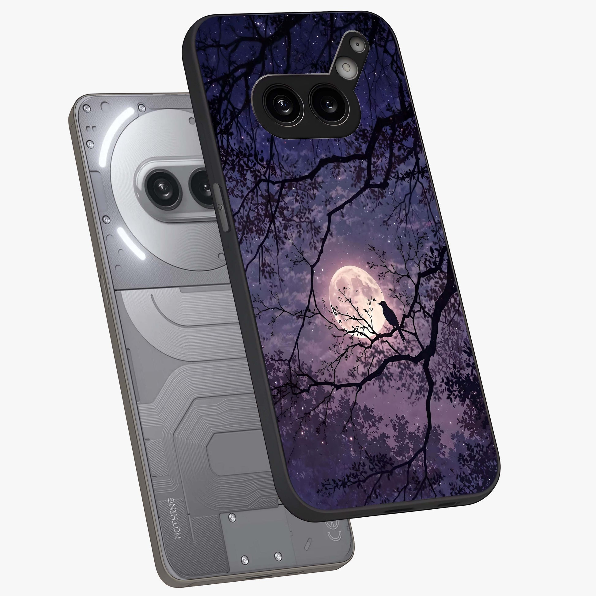 Whispering Moon Silence Glass Case displayed in angled mockup highlighting calm lunar design with dreamy night aesthetic.