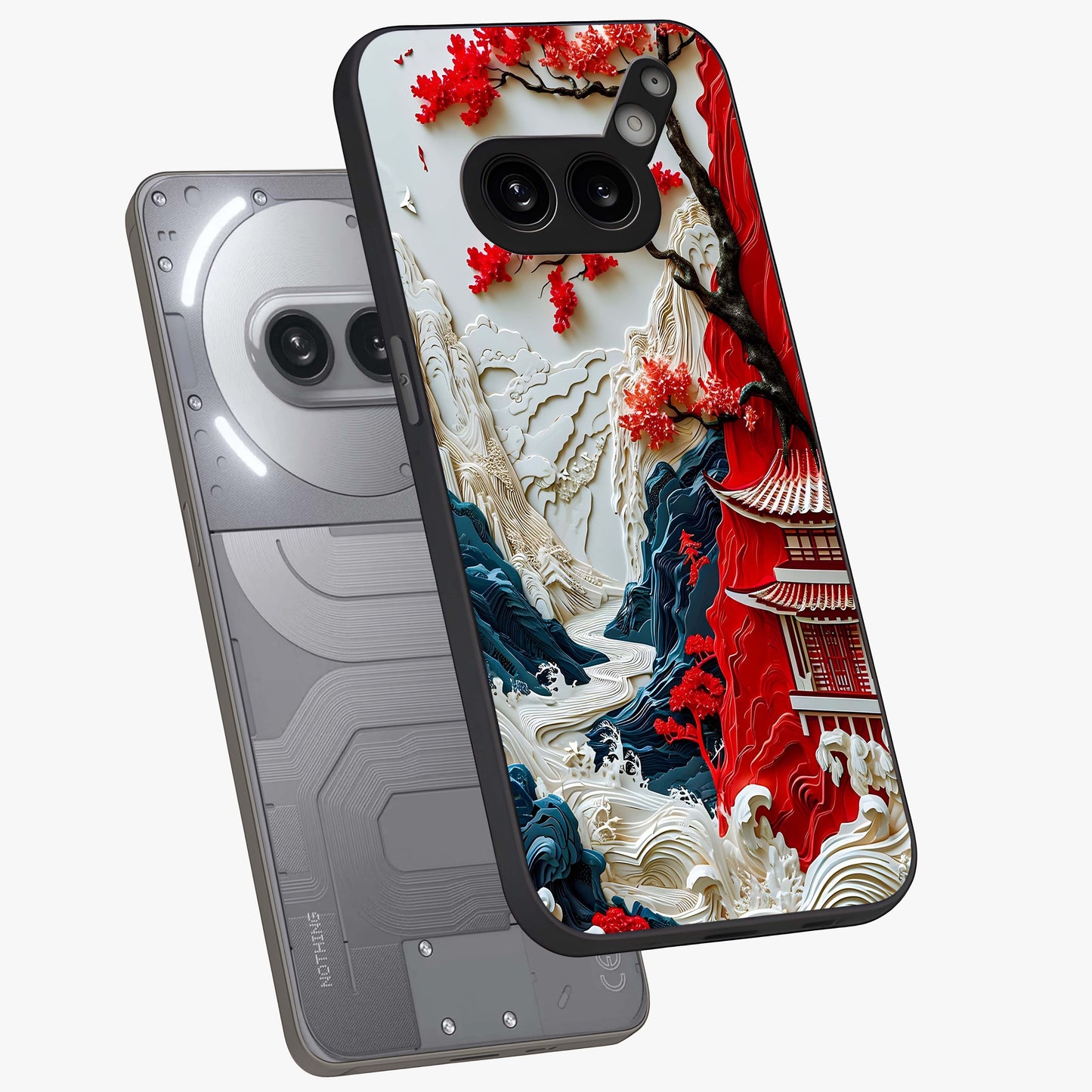 Whispers Of Sakura Waves Glass Case displayed in angled mockup highlighting flowing sakura design with soft floral aesthetic.