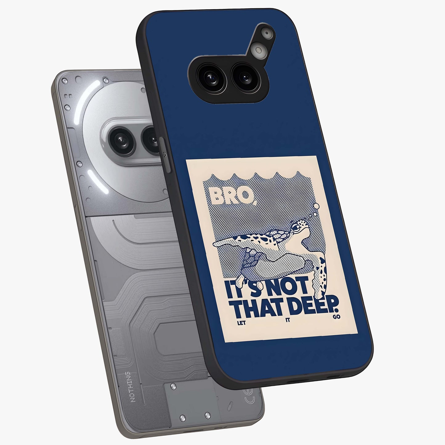 Worry Less Swim Glass Case displayed in angled mockup highlighting fun typography design with relaxed aesthetic style.