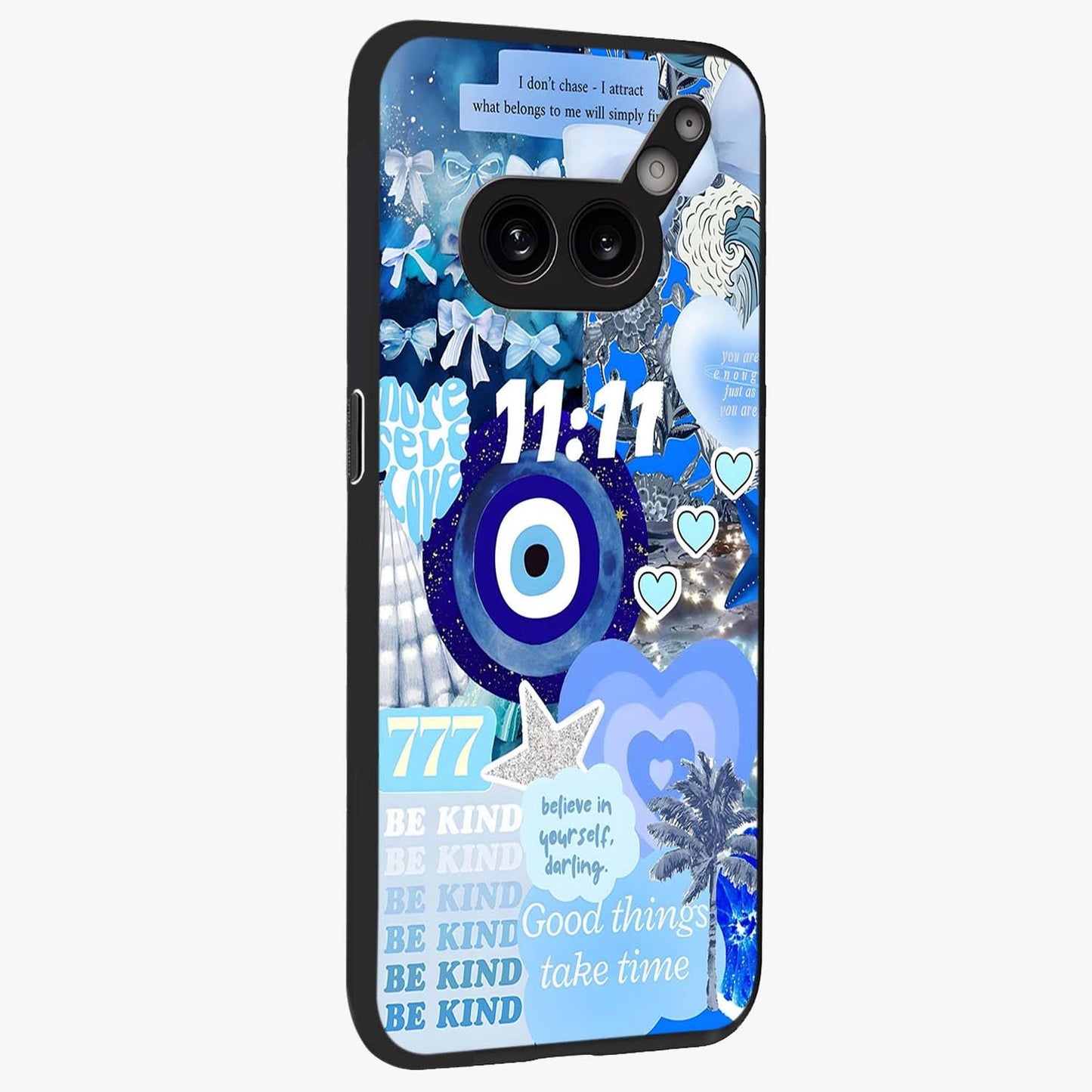 Aesthetic Be Kind Eye Glass Case upright view showcasing stylish eye illustration with positive message theme.