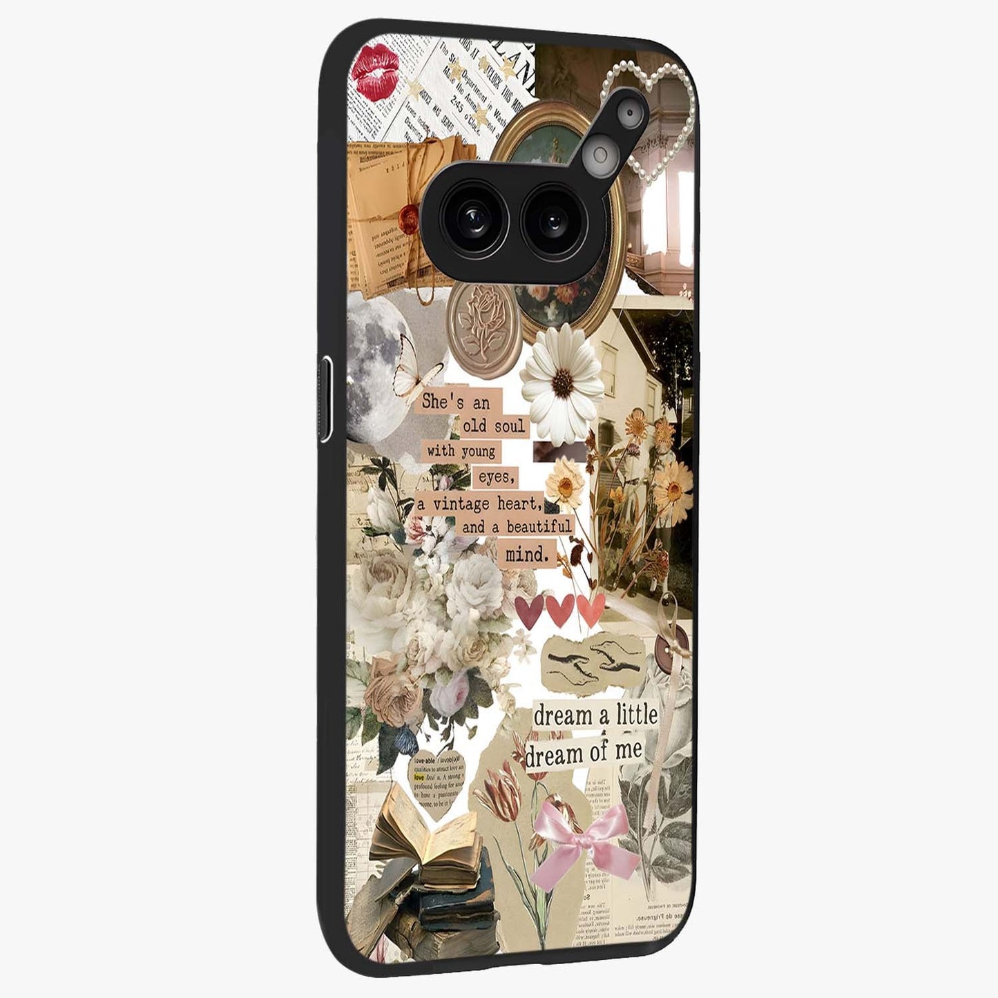 Aesthetic Brown Vintage Collage Glass Case upright view showcasing nostalgic retro artwork with stylish vintage theme.