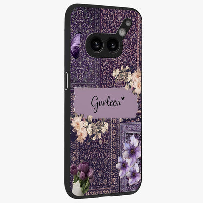 Antique Floral Whisper Custom Name Glass Case upright view showcasing delicate floral artwork with custom name feature.