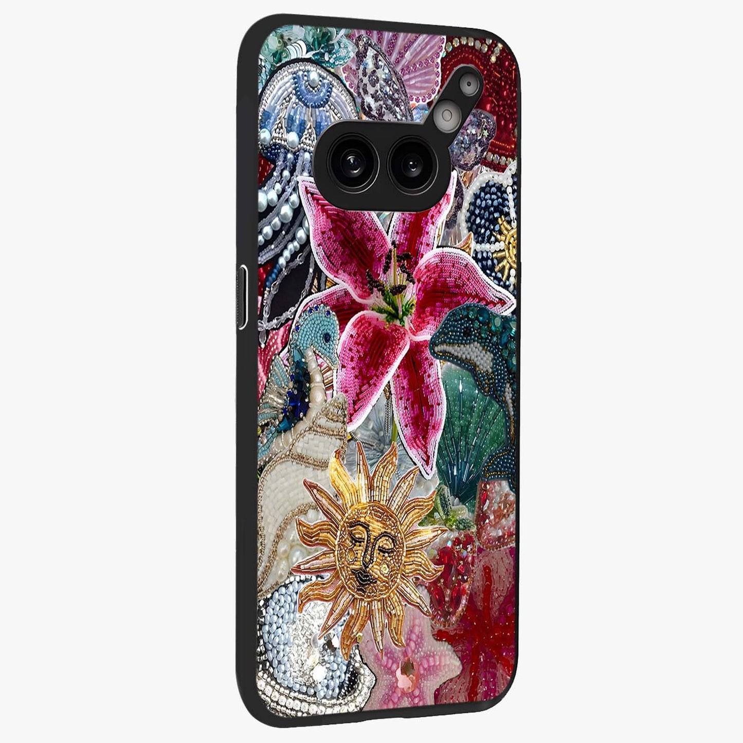 Beaded Garden Fantasy Glass Case upright view showcasing whimsical garden aesthetic with artistic bead details.