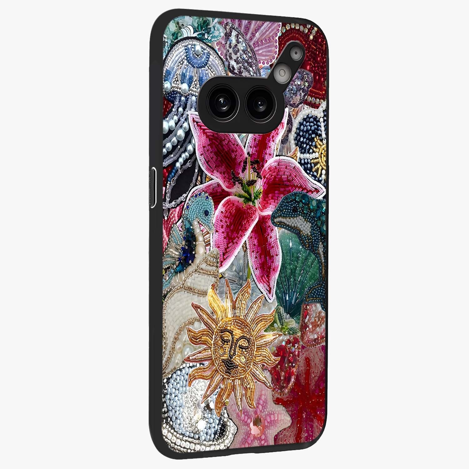 Beaded Garden Fantasy Glass Case upright view showcasing whimsical garden aesthetic with artistic bead details.