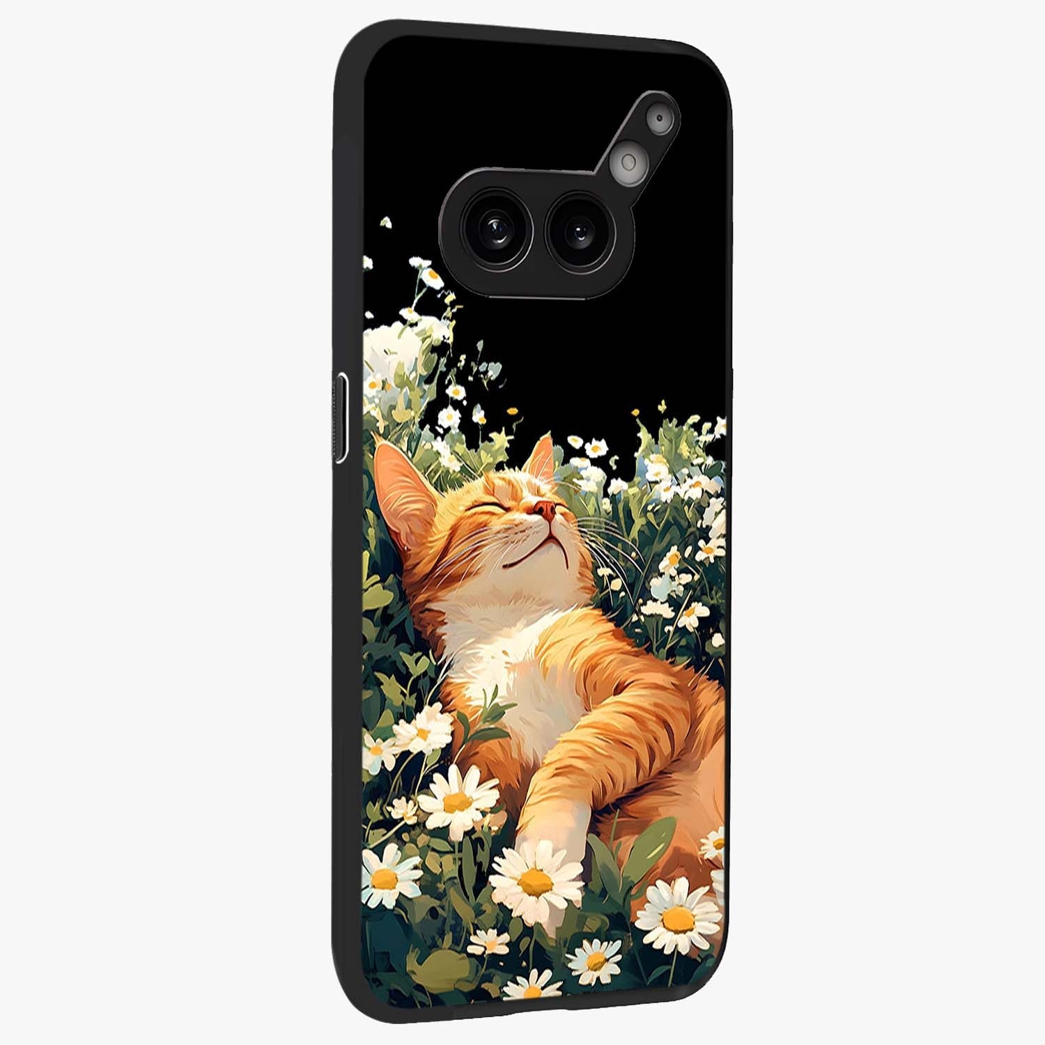 Blissful Bloom Cat Glass Case upright view showcasing charming cat design surrounded by blooming floral elements.