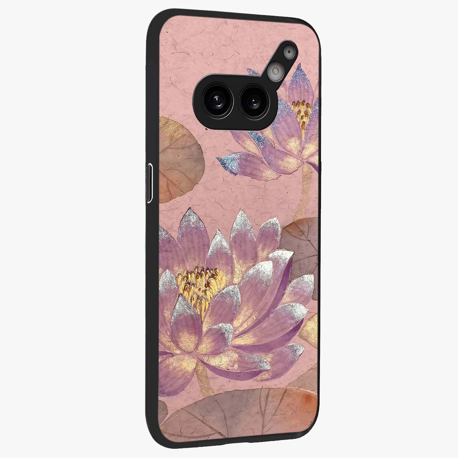 Blossom Mist Lotus Glass Case upright view showcasing graceful lotus flower design with peaceful botanical style.