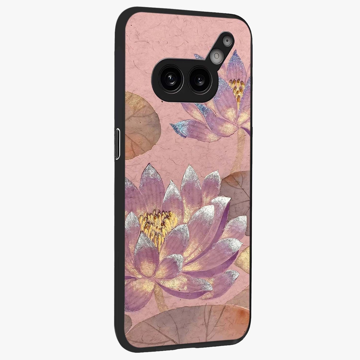 Blossom Mist Lotus Glass Case upright view showcasing graceful lotus flower design with peaceful botanical style.