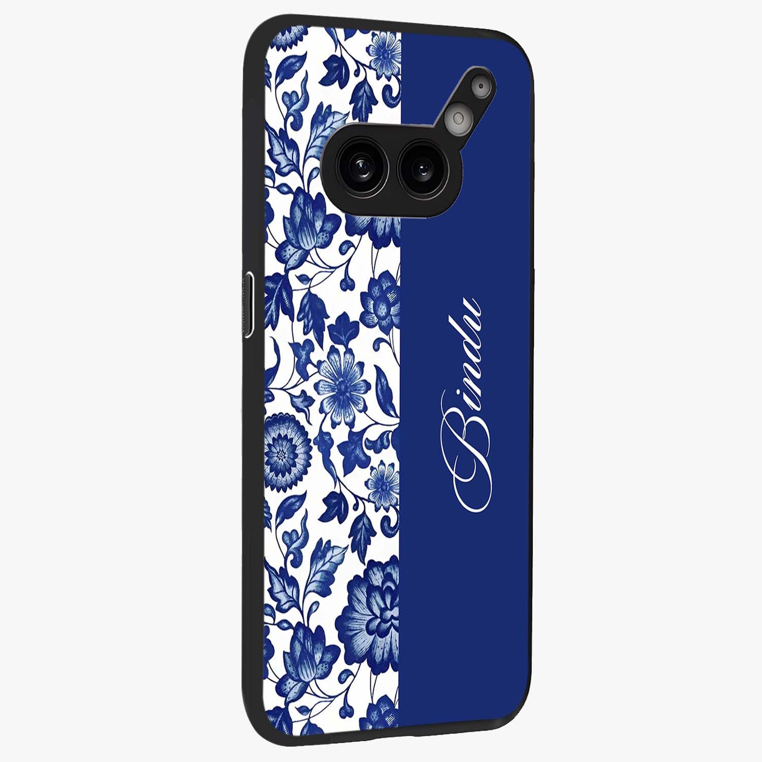 Blue Vintage Floral Pattern Glass Case upright view showcasing delicate blush floral texture with modern minimal style.