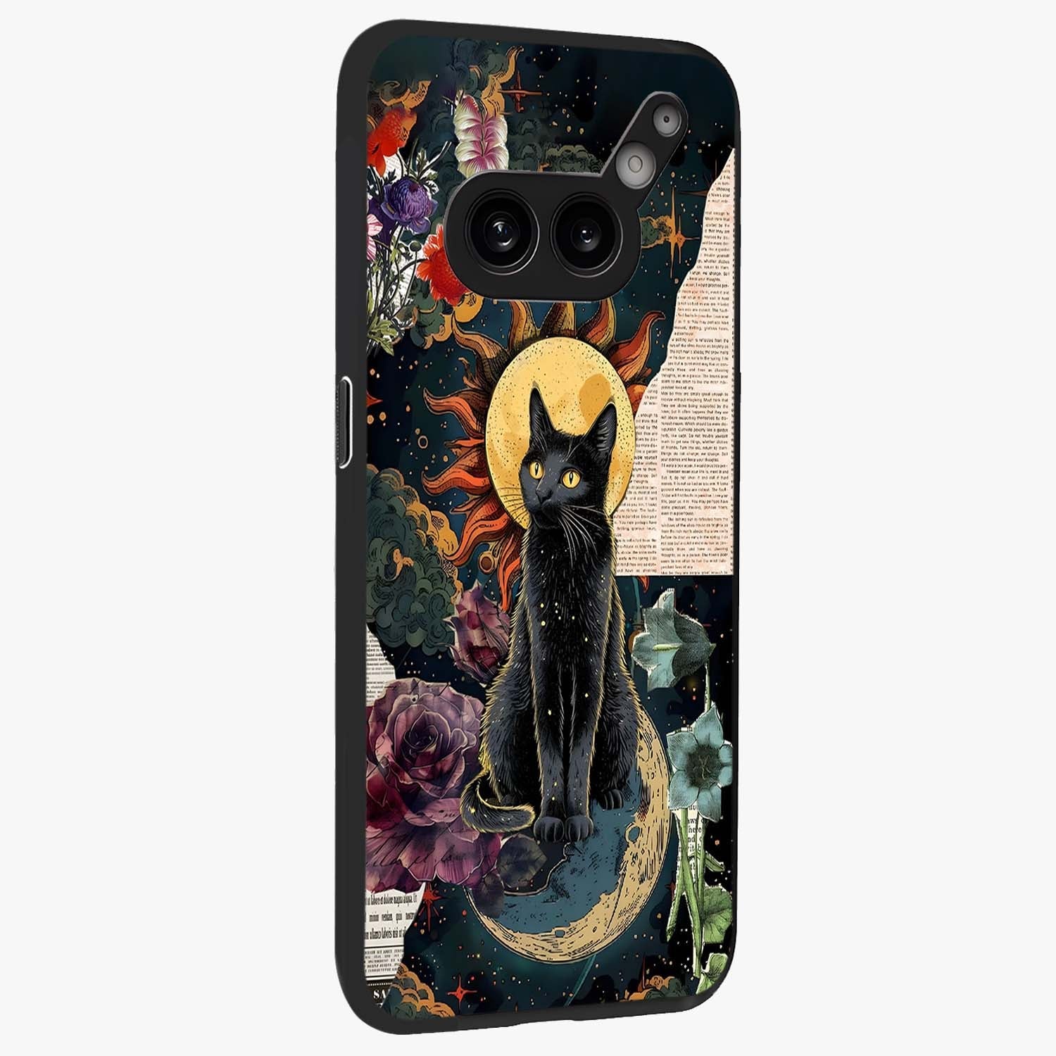 Celestial Black Cat Glass Case upright view showcasing magical black cat illustration with starry cosmic theme.