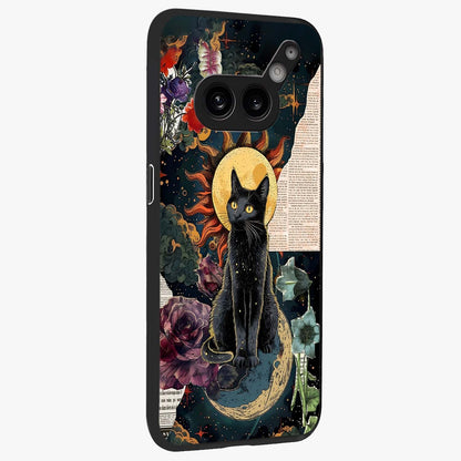 Celestial Black Cat Glass Case upright view showcasing magical black cat illustration with starry cosmic theme.