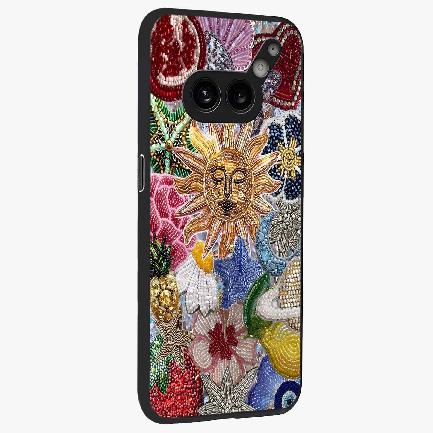 Celestial Floral and Playful Glass Case upright view showcasing whimsical floral artwork with cosmic aesthetic theme.