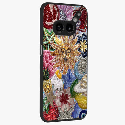 Celestial Floral and Playful Glass Case upright view showcasing whimsical floral artwork with cosmic aesthetic theme.